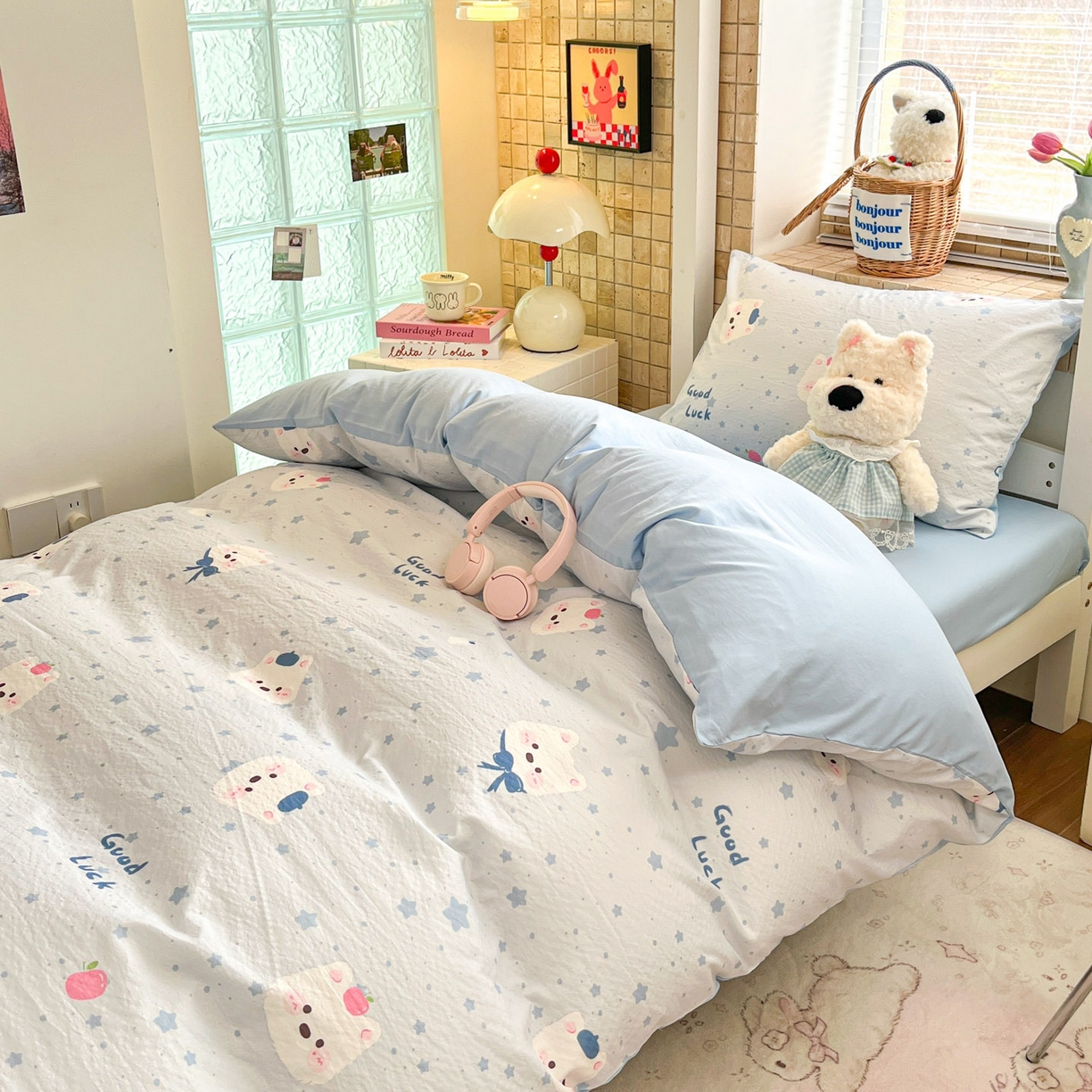 91家纺网 家纺一手货源 找家纺 川悦生活 2026新款双层纱皱皱纱学生床三件套 星星西高地