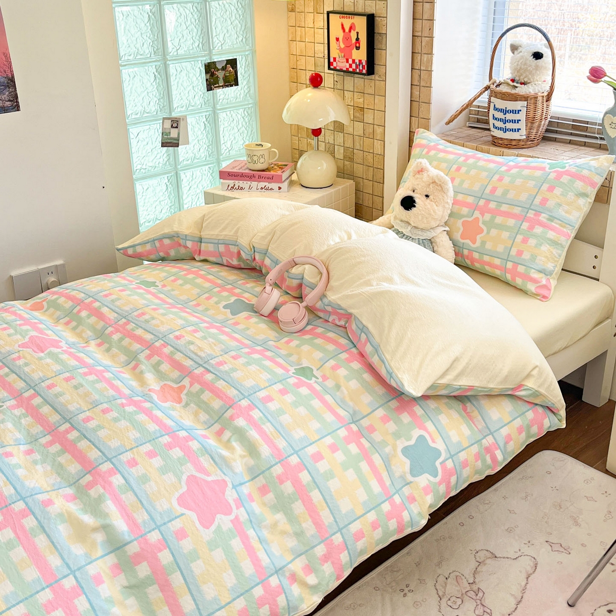 91家纺网 家纺一手货源 找家纺 川悦生活 2026新款双层纱皱皱纱学生床三件套 杏仁小星星