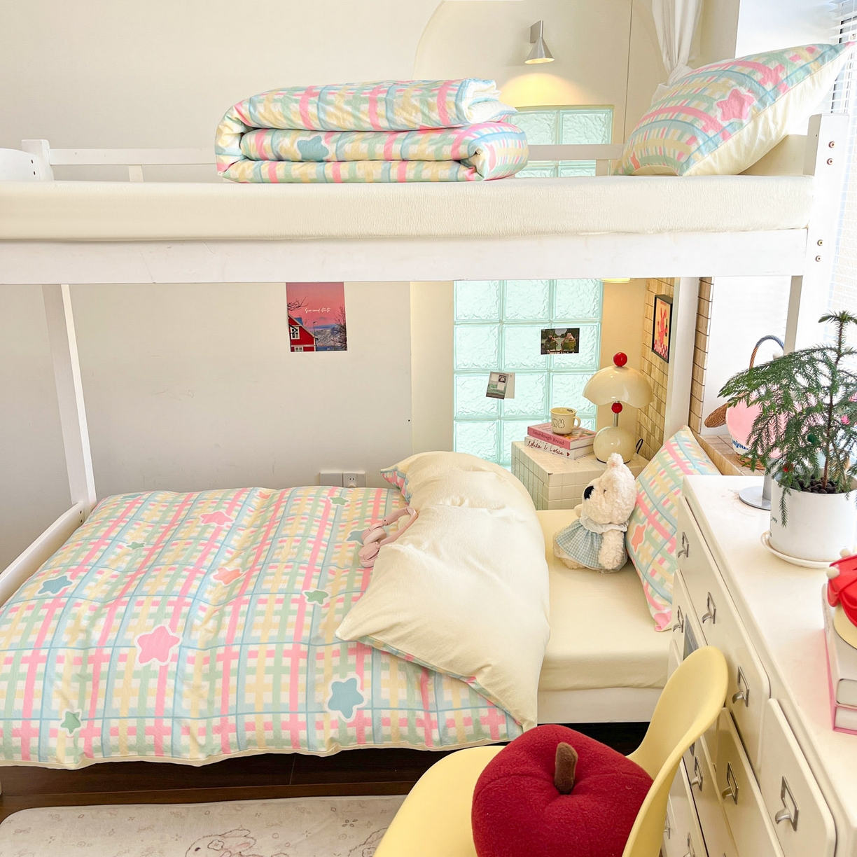 91家纺网 家纺一手货源 找家纺 川悦生活 2026新款双层纱皱皱纱学生床三件套 杏仁小星星