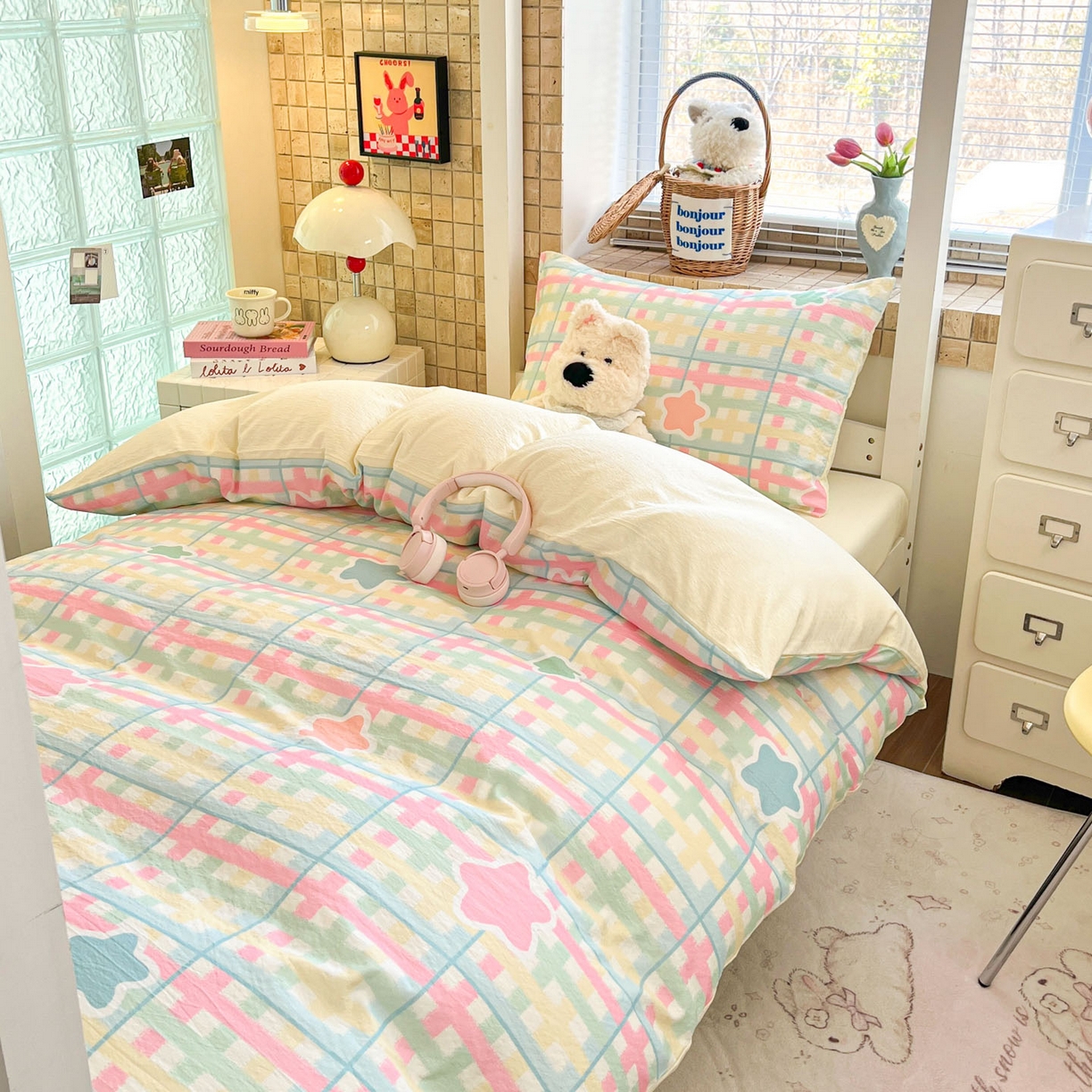 91家纺网 家纺一手货源 找家纺 川悦生活 2026新款双层纱皱皱纱学生床三件套 杏仁小星星