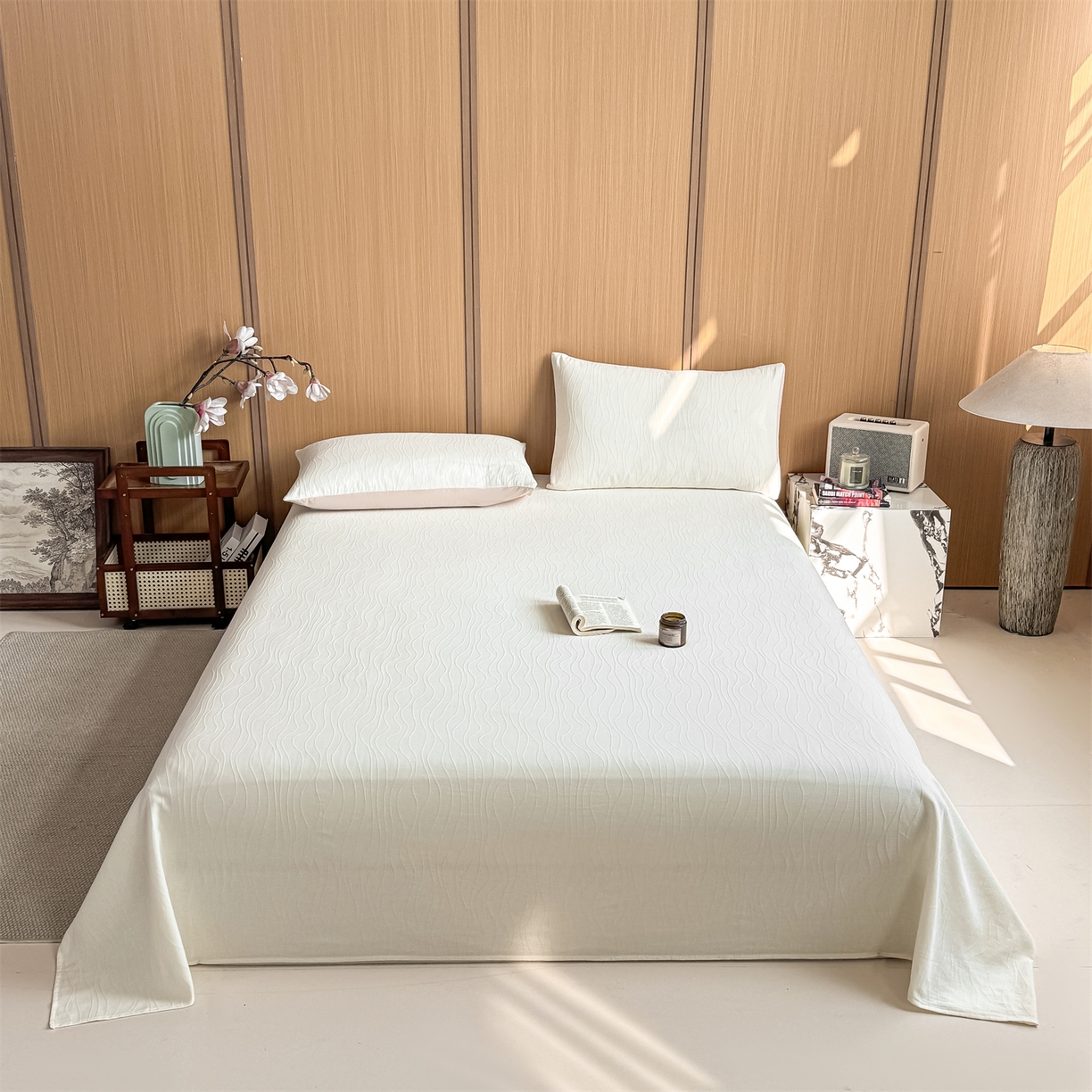 91家纺网 家纺一手货源 找家纺 （总）灰鲸 2026新款全棉简约三层纱色织提花单品床单