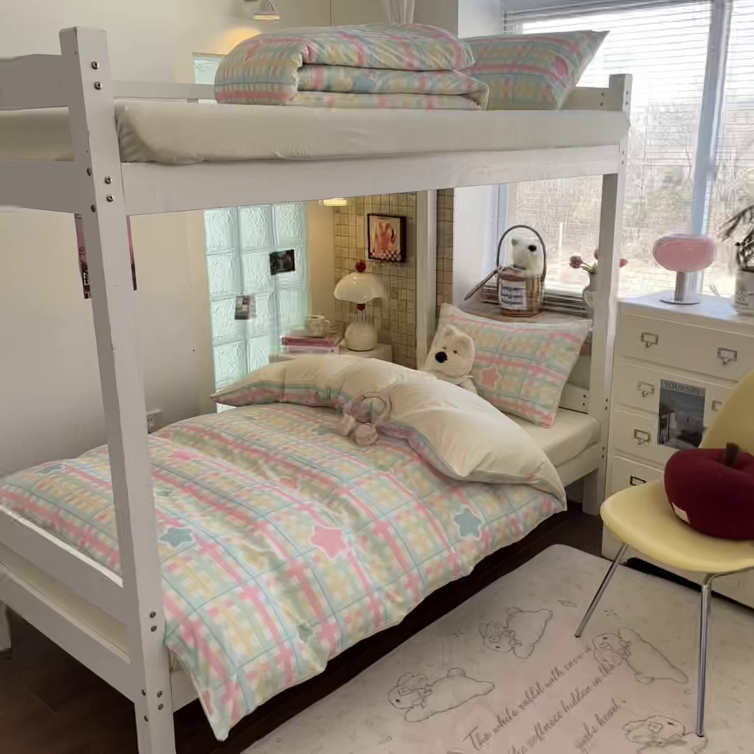 91家纺网 家纺一手货源 找家纺 川悦生活 2026新款双层纱皱皱纱学生床三件套 杏仁小星星