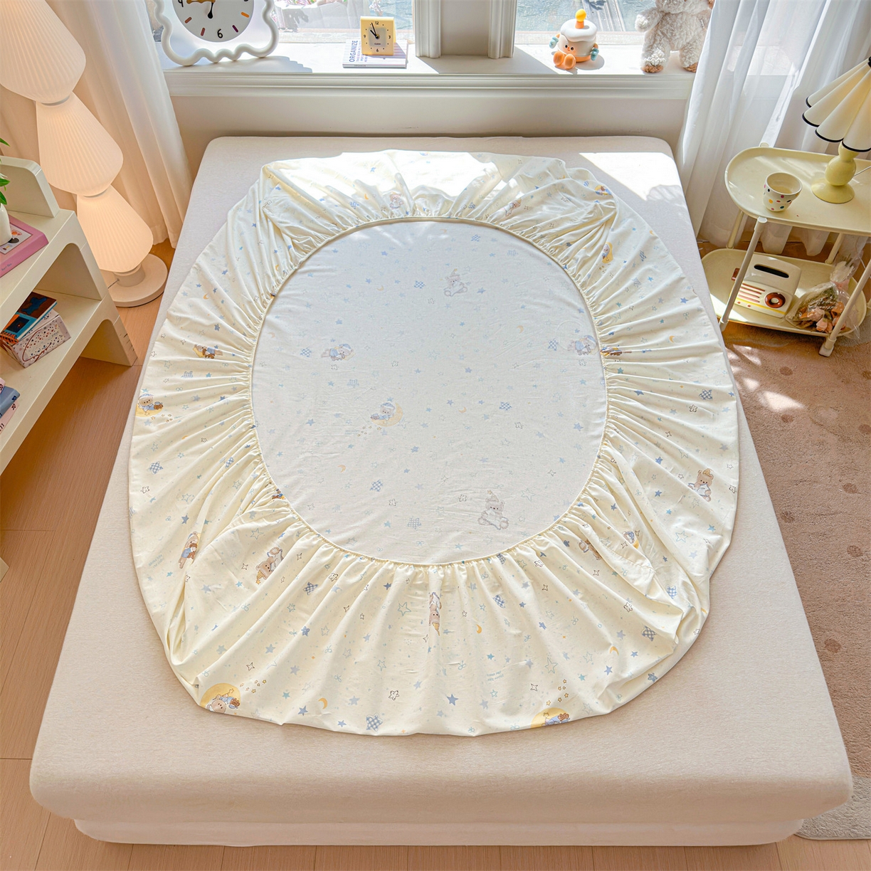 91家纺网 家纺一手货源 找家纺 优眠坊 2026春夏新款全棉印花卡通单床笠 酣睡熊