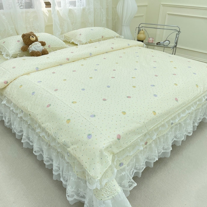 91家纺网 家纺一手货源 找家纺 （总）禧瑞谷 2025新款双层花边纯棉床盖雪纺蕾丝款纯棉床盖四件套