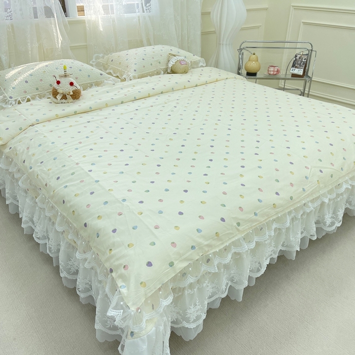 91家纺网 家纺一手货源 找家纺 （总）禧瑞谷 2025新款双层花边纯棉床盖雪纺蕾丝款纯棉床盖四件套