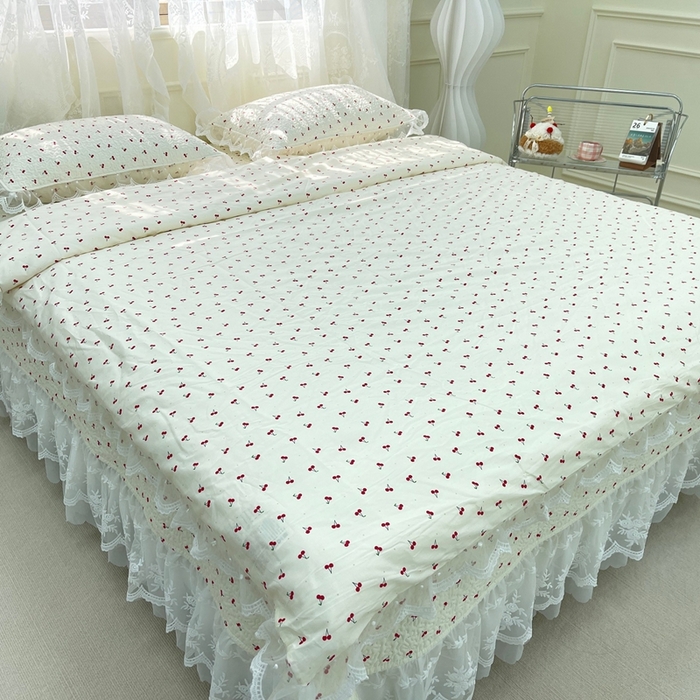 91家纺网 家纺一手货源 找家纺 （总）禧瑞谷 2025新款双层花边纯棉床盖雪纺蕾丝款纯棉床盖四件套