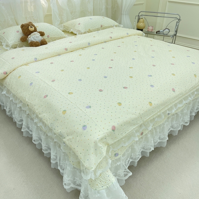 91家纺网 家纺一手货源 找家纺 禧瑞谷 2025新款双层花边纯棉床盖雪纺蕾丝款纯棉床盖四件套 莓果点点