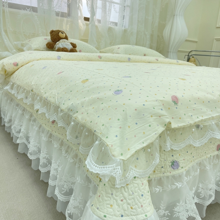 91家纺网 家纺一手货源 找家纺 禧瑞谷 2025新款双层花边纯棉床盖雪纺蕾丝款纯棉床盖四件套 莓果点点