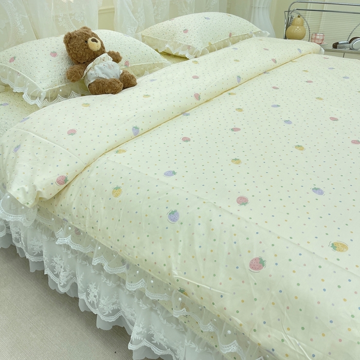 91家纺网 家纺一手货源 找家纺 禧瑞谷 2025新款双层花边纯棉床盖雪纺蕾丝款纯棉床盖四件套 莓果点点