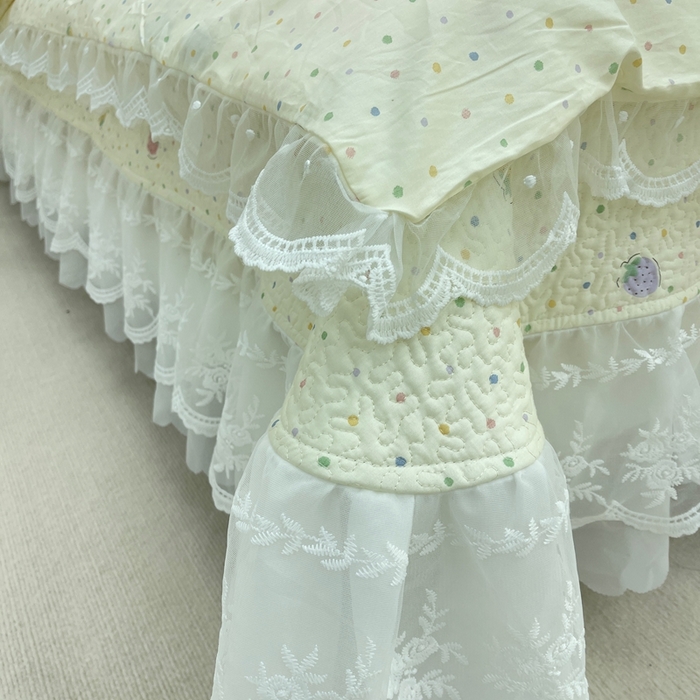 91家纺网 家纺一手货源 找家纺 禧瑞谷 2025新款双层花边纯棉床盖雪纺蕾丝款纯棉床盖四件套 莓果点点