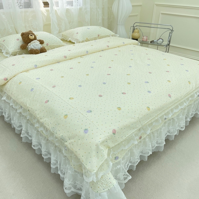 91家纺网 家纺一手货源 找家纺 禧瑞谷 2025新款双层花边纯棉床盖雪纺蕾丝款纯棉床盖四件套 莓果点点