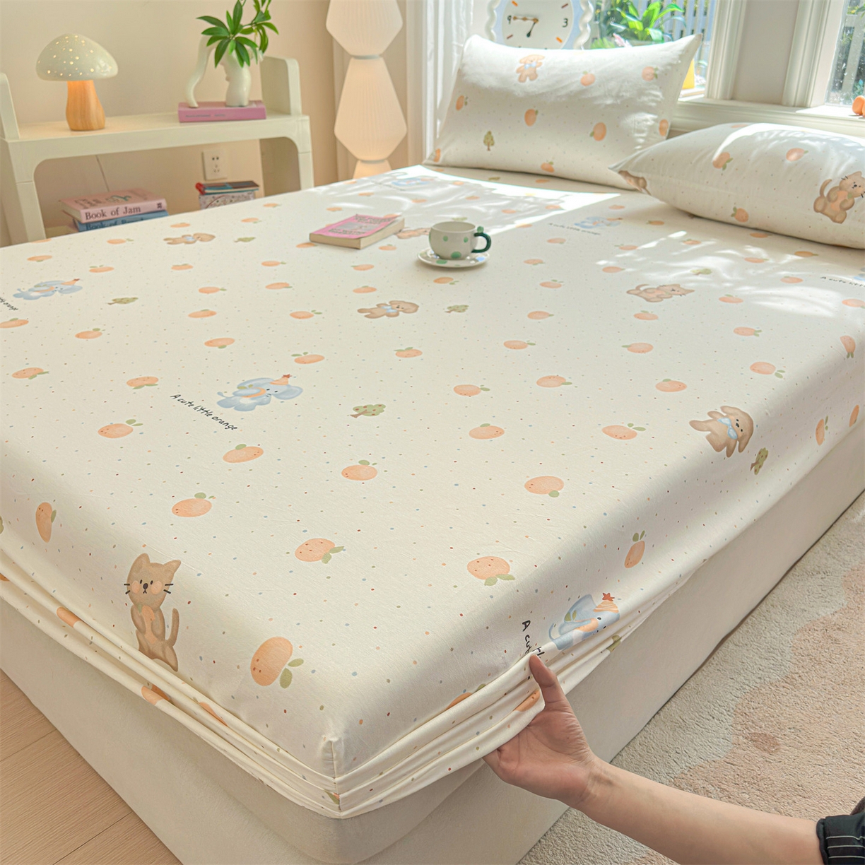 91家纺网 家纺一手货源 找家纺 优眠坊 2026春夏新款全棉印花卡通单床笠 橘子象宝