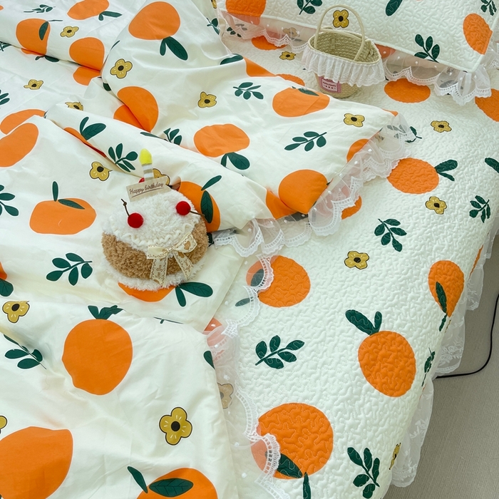 91家纺网 家纺一手货源 找家纺 禧瑞谷 2025新款双层花边纯棉床盖雪纺蕾丝款纯棉床盖四件套 蜜橘奶盖