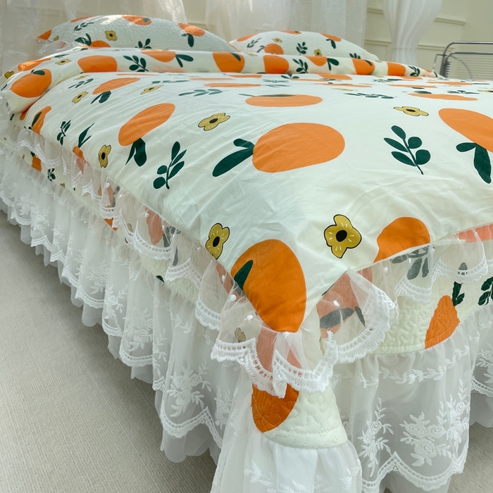 91家纺网 家纺一手货源 找家纺 禧瑞谷 2025新款双层花边纯棉床盖雪纺蕾丝款纯棉床盖四件套 蜜橘奶盖