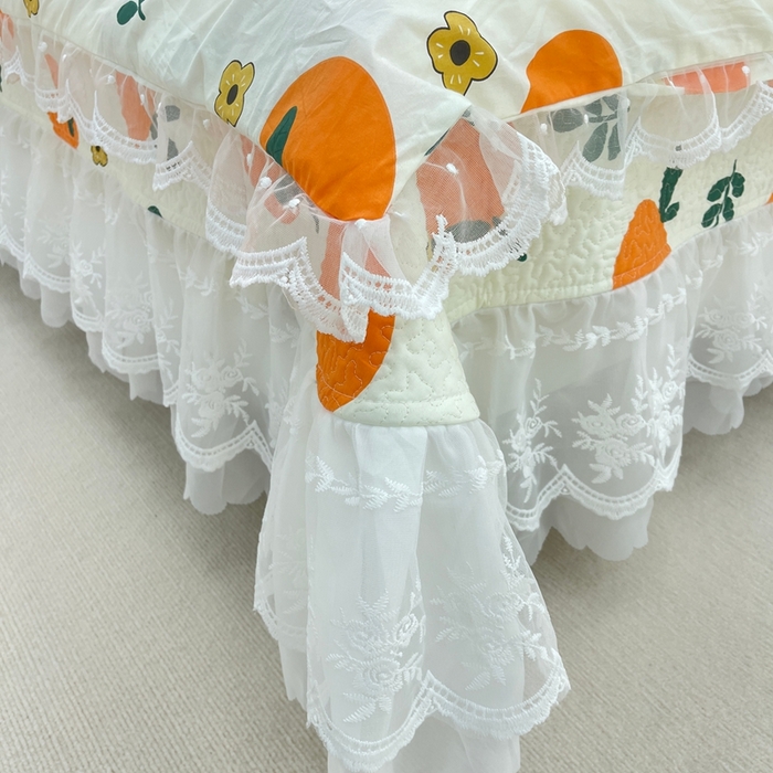 91家纺网 家纺一手货源 找家纺 禧瑞谷 2025新款双层花边纯棉床盖雪纺蕾丝款纯棉床盖四件套 蜜橘奶盖