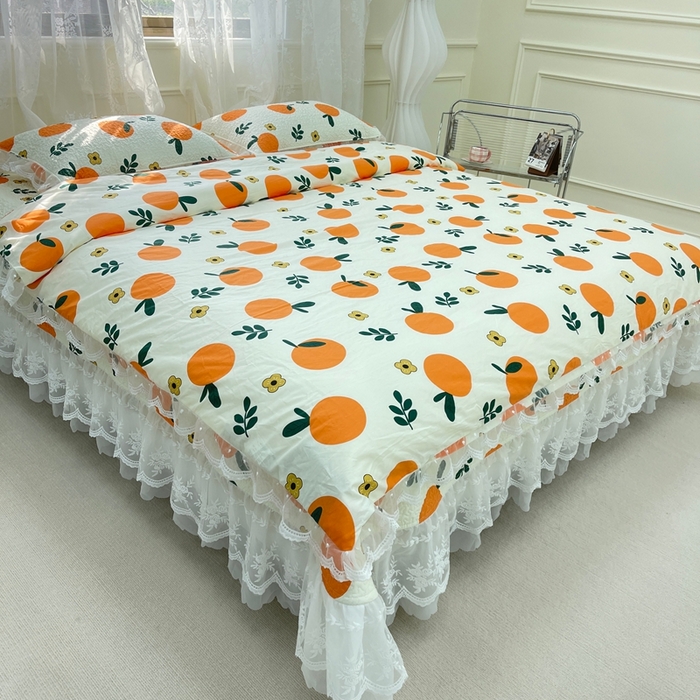 91家纺网 家纺一手货源 找家纺 禧瑞谷 2025新款双层花边纯棉床盖雪纺蕾丝款纯棉床盖四件套 蜜橘奶盖