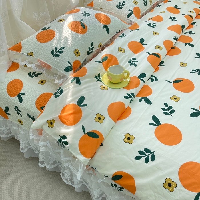 91家纺网 家纺一手货源 找家纺 禧瑞谷 2025新款双层花边纯棉床盖雪纺蕾丝款纯棉床盖四件套 蜜橘奶盖