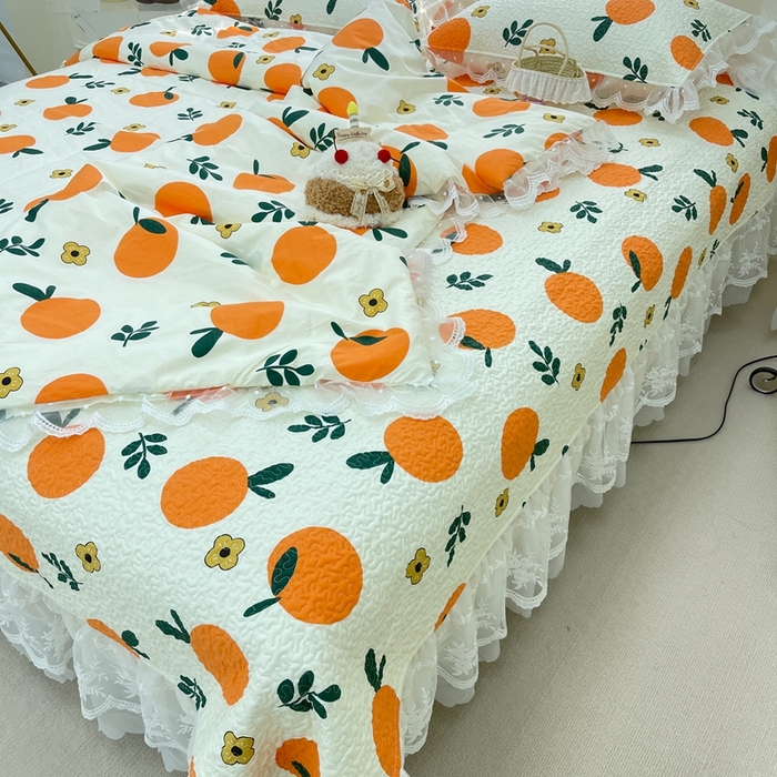 91家纺网 家纺一手货源 找家纺 禧瑞谷 2025新款双层花边纯棉床盖雪纺蕾丝款纯棉床盖四件套 蜜橘奶盖