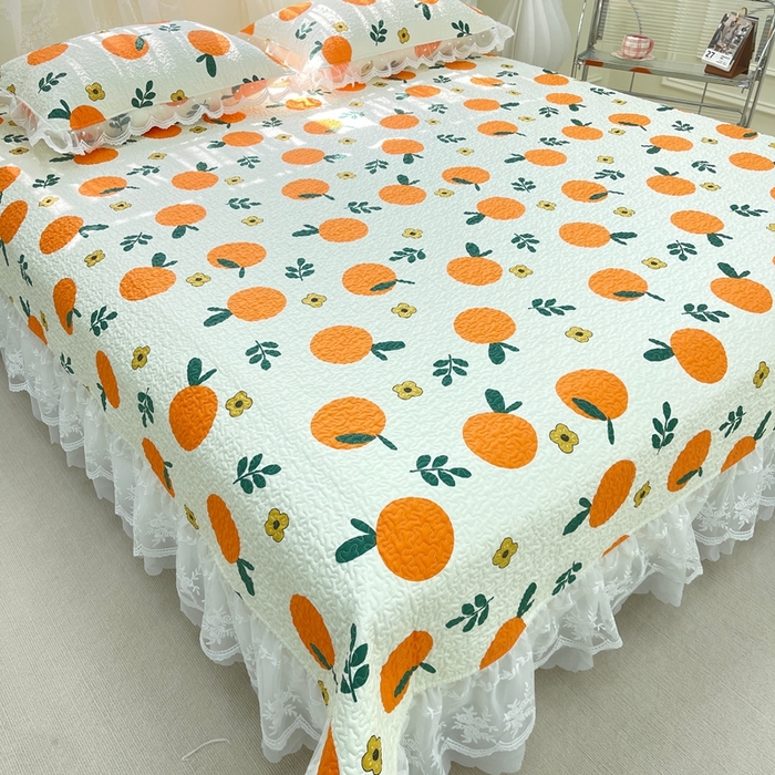 91家纺网 家纺一手货源 找家纺 禧瑞谷 2025新款双层花边纯棉床盖雪纺蕾丝款纯棉床盖四件套 蜜橘奶盖