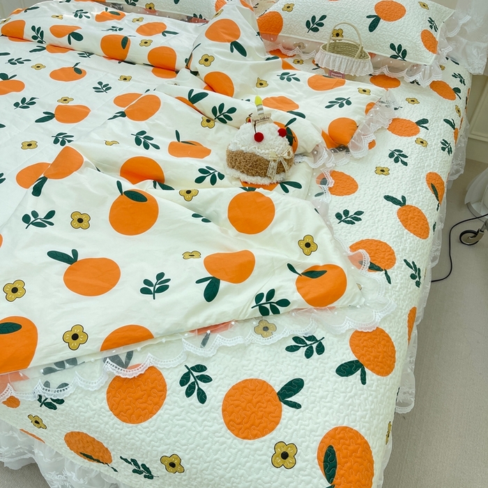 91家纺网 家纺一手货源 找家纺 禧瑞谷 2025新款双层花边纯棉床盖雪纺蕾丝款纯棉床盖四件套 蜜橘奶盖