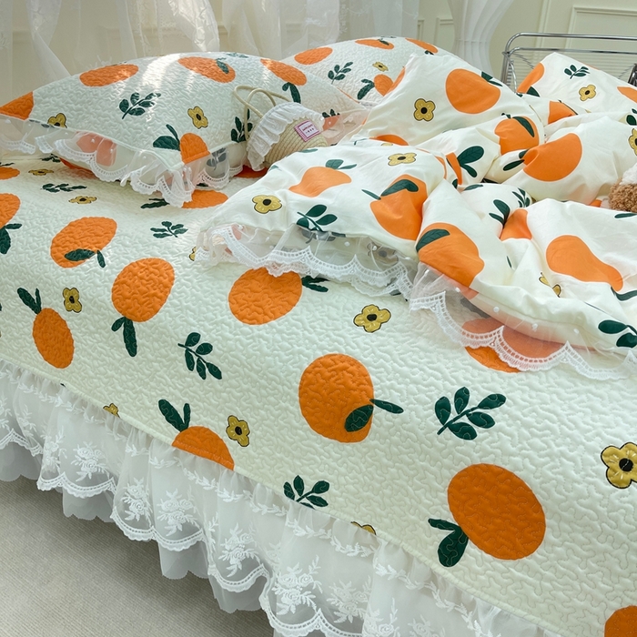 91家纺网 家纺一手货源 找家纺 禧瑞谷 2025新款双层花边纯棉床盖雪纺蕾丝款纯棉床盖四件套 蜜橘奶盖