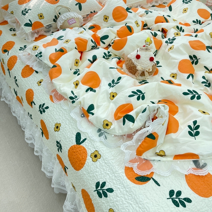 91家纺网 家纺一手货源 找家纺 禧瑞谷 2025新款双层花边纯棉床盖雪纺蕾丝款纯棉床盖四件套 蜜橘奶盖