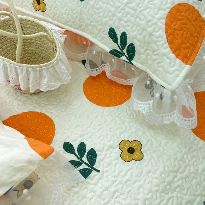 91家纺网 家纺一手货源 找家纺 禧瑞谷 2025新款双层花边纯棉床盖雪纺蕾丝款纯棉床盖四件套 蜜橘奶盖