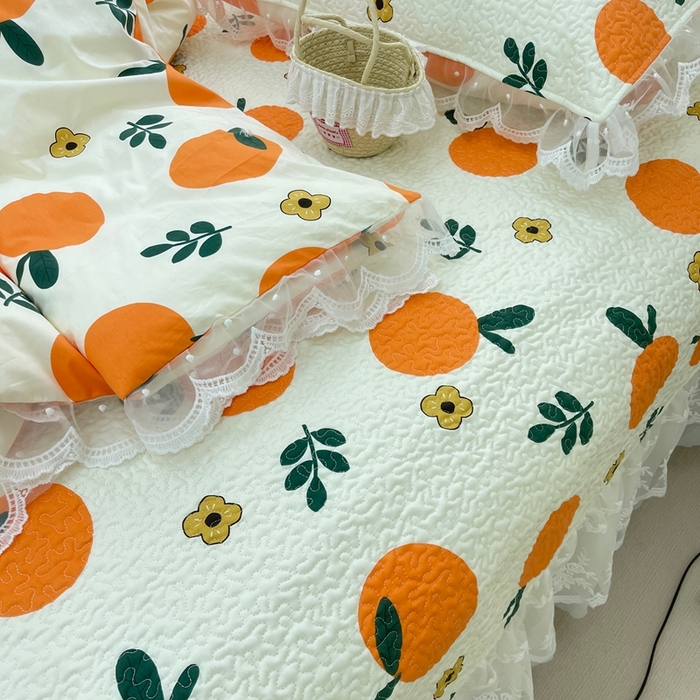 91家纺网 家纺一手货源 找家纺 禧瑞谷 2025新款双层花边纯棉床盖雪纺蕾丝款纯棉床盖四件套 蜜橘奶盖