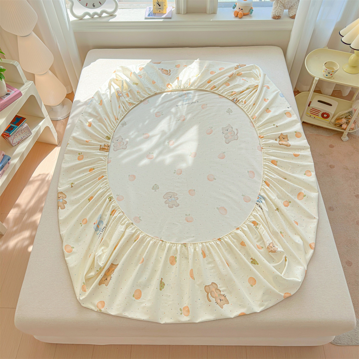 91家纺网 家纺一手货源 找家纺 优眠坊 2026春夏新款全棉印花卡通单床笠 橘子象宝