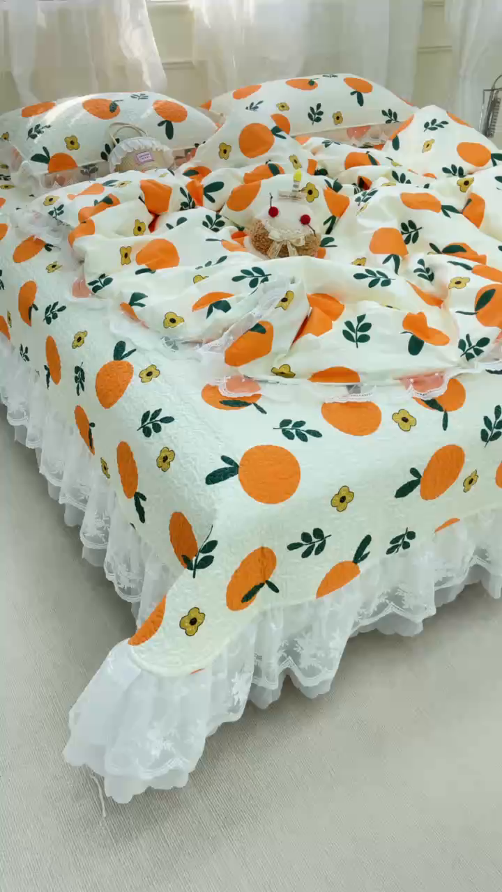 91家纺网 家纺一手货源 找家纺 禧瑞谷 2025新款双层花边纯棉床盖雪纺蕾丝款纯棉床盖四件套 蜜橘奶盖