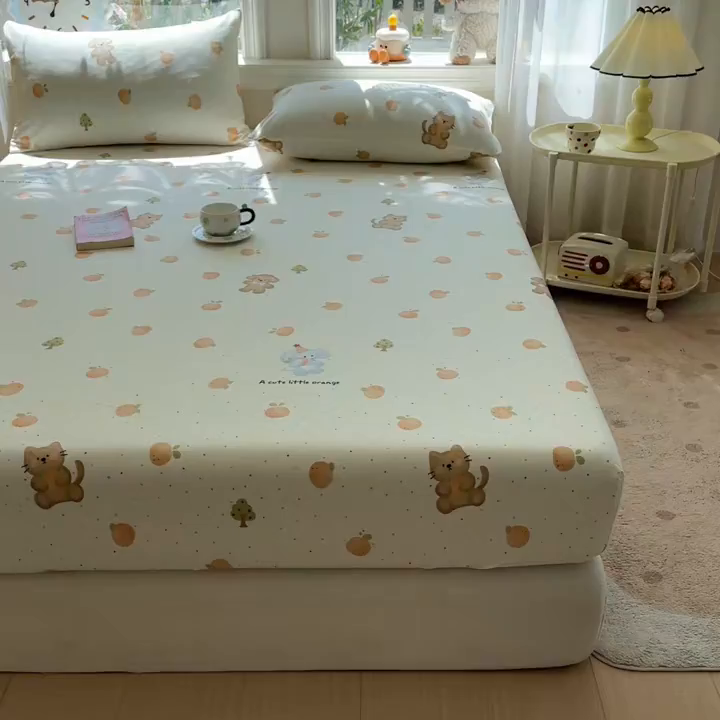 91家纺网 家纺一手货源 找家纺 优眠坊 2026春夏新款全棉印花卡通单床笠 橘子象宝