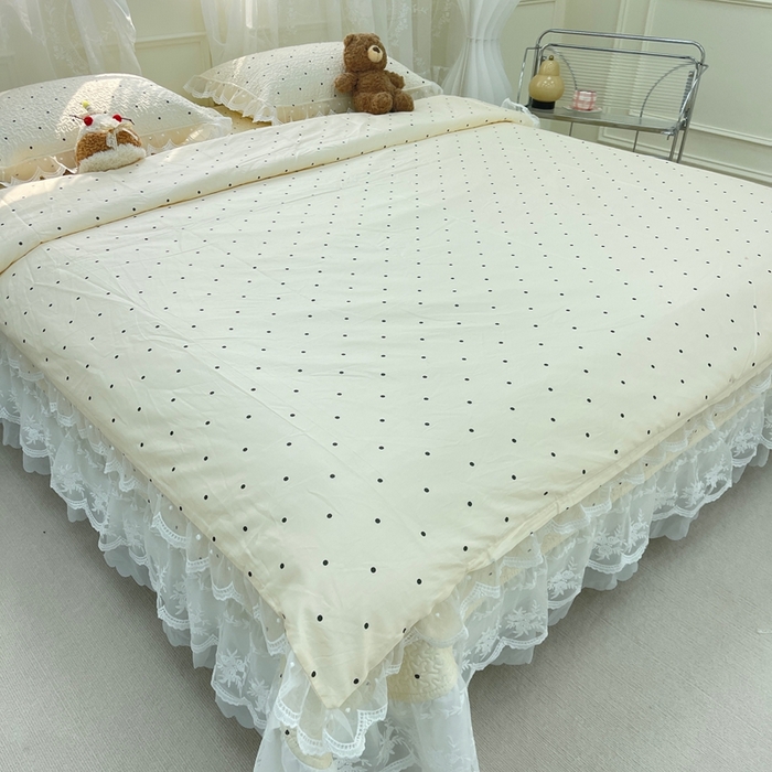 91家纺网 家纺一手货源 找家纺 禧瑞谷 2025新款双层花边纯棉床盖雪纺蕾丝款纯棉床盖四件套 奶茶波点