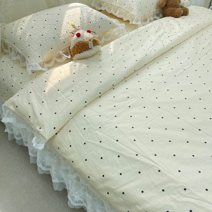 91家纺网 家纺一手货源 找家纺 禧瑞谷 2025新款双层花边纯棉床盖雪纺蕾丝款纯棉床盖四件套 奶茶波点