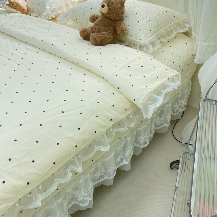 91家纺网 家纺一手货源 找家纺 禧瑞谷 2025新款双层花边纯棉床盖雪纺蕾丝款纯棉床盖四件套 奶茶波点