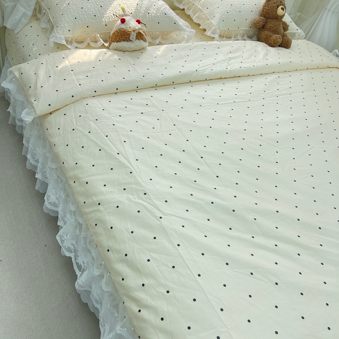 91家纺网 家纺一手货源 找家纺 禧瑞谷 2025新款双层花边纯棉床盖雪纺蕾丝款纯棉床盖四件套 奶茶波点