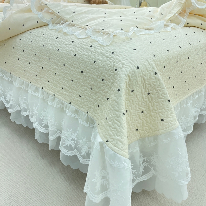 91家纺网 家纺一手货源 找家纺 禧瑞谷 2025新款双层花边纯棉床盖雪纺蕾丝款纯棉床盖四件套 奶茶波点