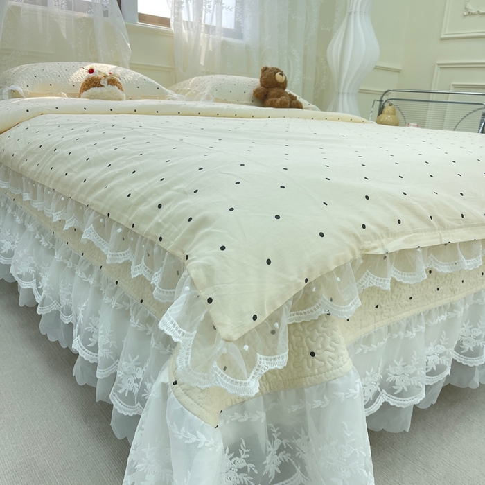 91家纺网 家纺一手货源 找家纺 禧瑞谷 2025新款双层花边纯棉床盖雪纺蕾丝款纯棉床盖四件套 奶茶波点