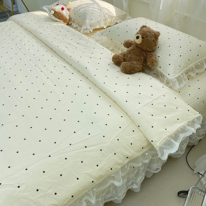 91家纺网 家纺一手货源 找家纺 禧瑞谷 2025新款双层花边纯棉床盖雪纺蕾丝款纯棉床盖四件套 奶茶波点