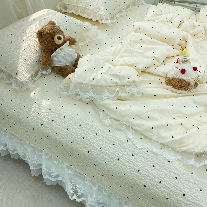 91家纺网 家纺一手货源 找家纺 禧瑞谷 2025新款双层花边纯棉床盖雪纺蕾丝款纯棉床盖四件套 奶茶波点