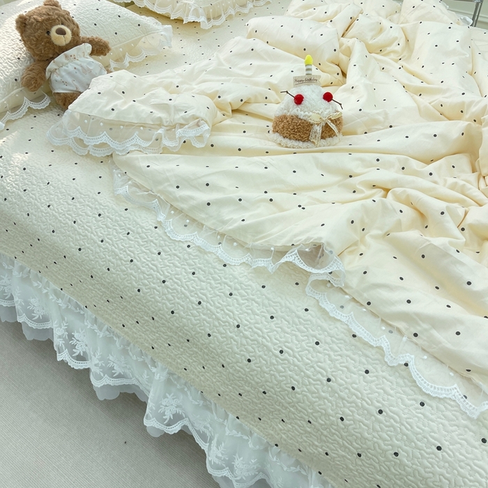 91家纺网 家纺一手货源 找家纺 禧瑞谷 2025新款双层花边纯棉床盖雪纺蕾丝款纯棉床盖四件套 奶茶波点