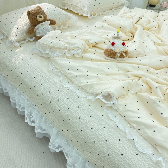 91家纺网 家纺一手货源 找家纺 禧瑞谷 2025新款双层花边纯棉床盖雪纺蕾丝款纯棉床盖四件套 奶茶波点