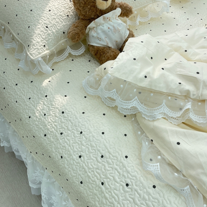 91家纺网 家纺一手货源 找家纺 禧瑞谷 2025新款双层花边纯棉床盖雪纺蕾丝款纯棉床盖四件套 奶茶波点