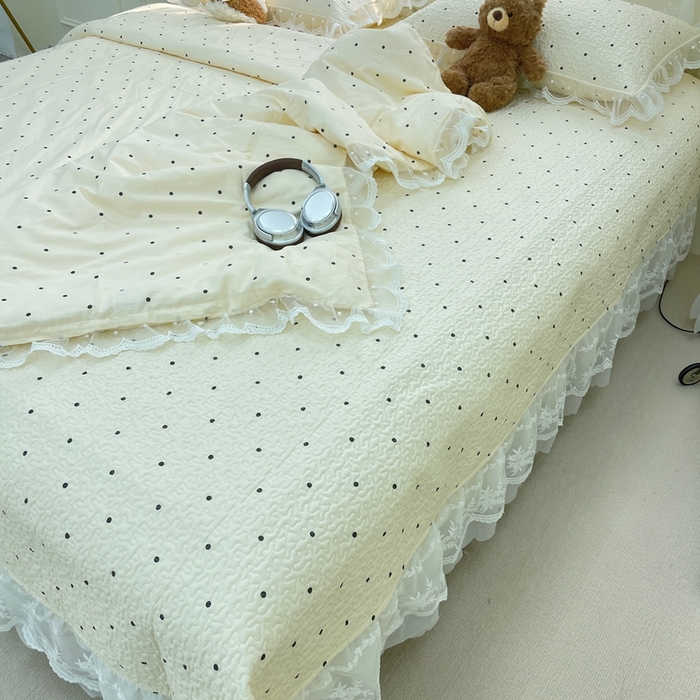 91家纺网 家纺一手货源 找家纺 禧瑞谷 2025新款双层花边纯棉床盖雪纺蕾丝款纯棉床盖四件套 奶茶波点