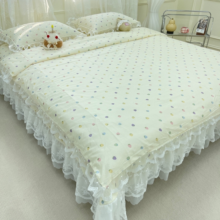 91家纺网 家纺一手货源 找家纺 禧瑞谷 2025新款双层花边纯棉床盖雪纺蕾丝款纯棉床盖四件套 七彩草莓