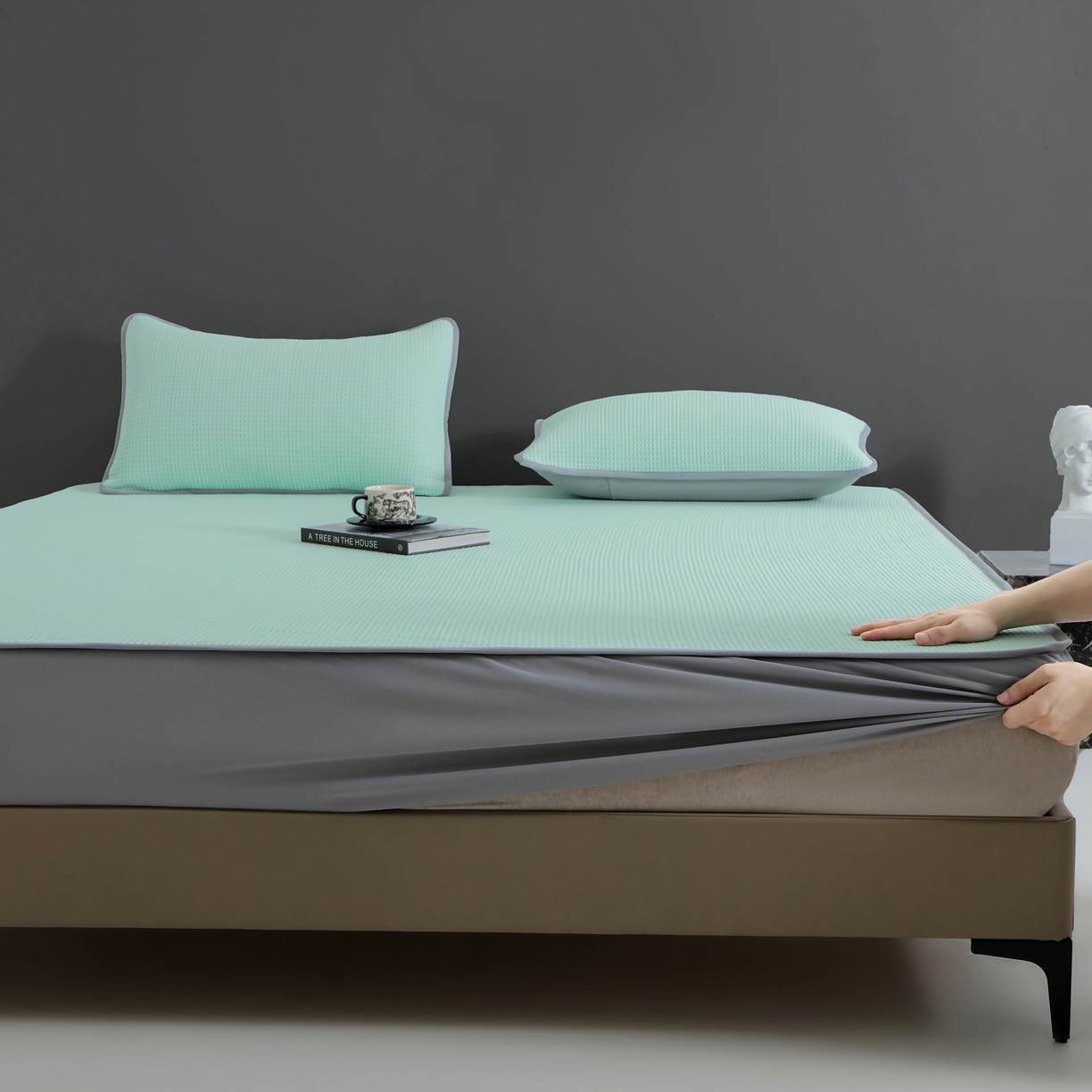 91家纺网 家纺一手货源 找家纺 （总）耀悦家纺 2026款100%乙纶凉席pe凉感华夫格凉席加厚三明治三件套床笠床席子枕套