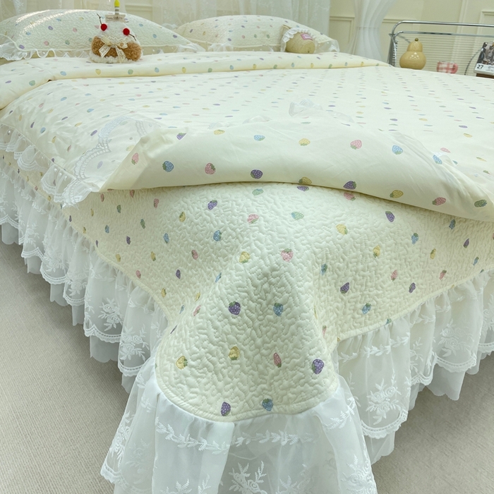 91家纺网 家纺一手货源 找家纺 禧瑞谷 2025新款双层花边纯棉床盖雪纺蕾丝款纯棉床盖四件套 七彩草莓