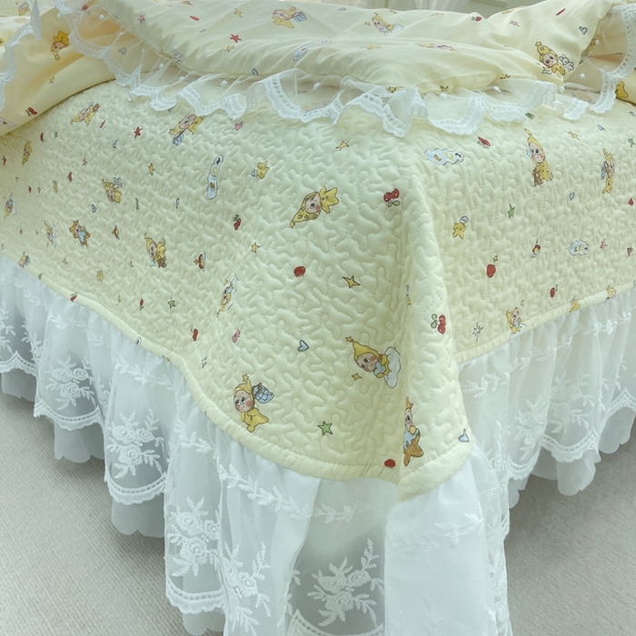 91家纺网 家纺一手货源 找家纺 禧瑞谷 2025新款双层花边纯棉床盖雪纺蕾丝款纯棉床盖四件套 星星人