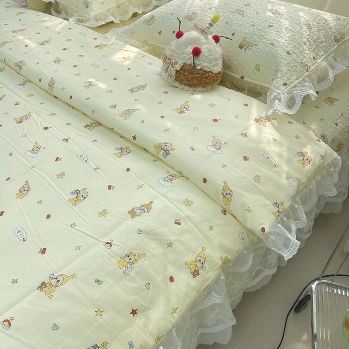 91家纺网 家纺一手货源 找家纺 禧瑞谷 2025新款双层花边纯棉床盖雪纺蕾丝款纯棉床盖四件套 星星人