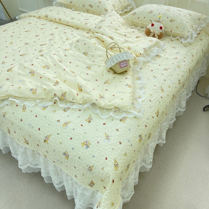 91家纺网 家纺一手货源 找家纺 禧瑞谷 2025新款双层花边纯棉床盖雪纺蕾丝款纯棉床盖四件套 星星人