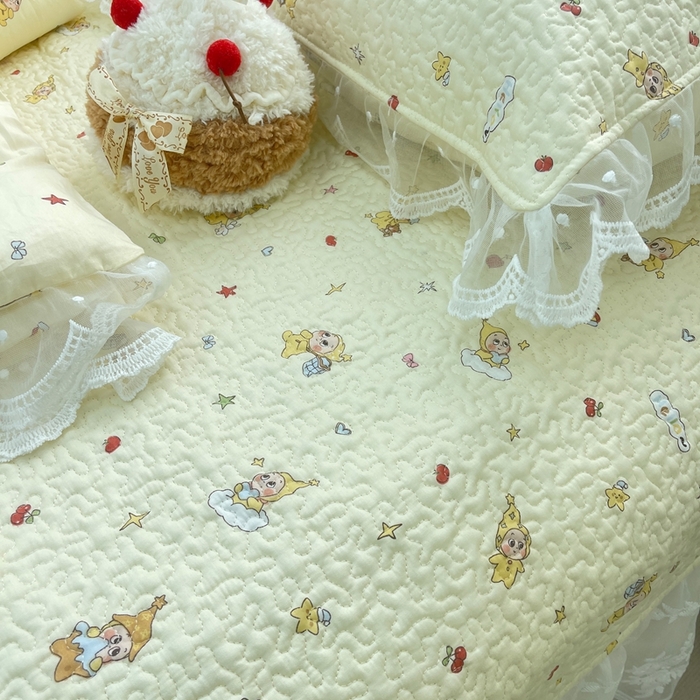 91家纺网 家纺一手货源 找家纺 禧瑞谷 2025新款双层花边纯棉床盖雪纺蕾丝款纯棉床盖四件套 星星人